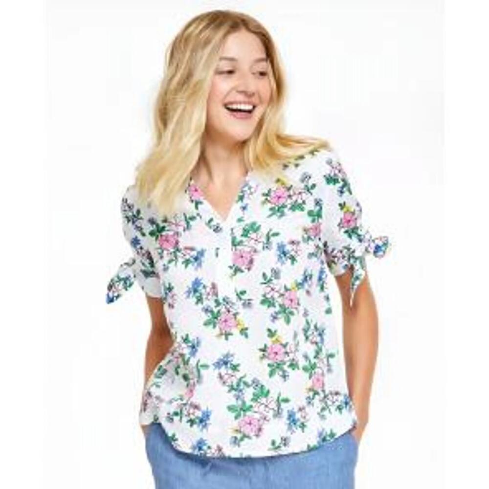 Linen Charter Club Luxury Floral Blouse Women's Size Large Pink Blue Cottagecore